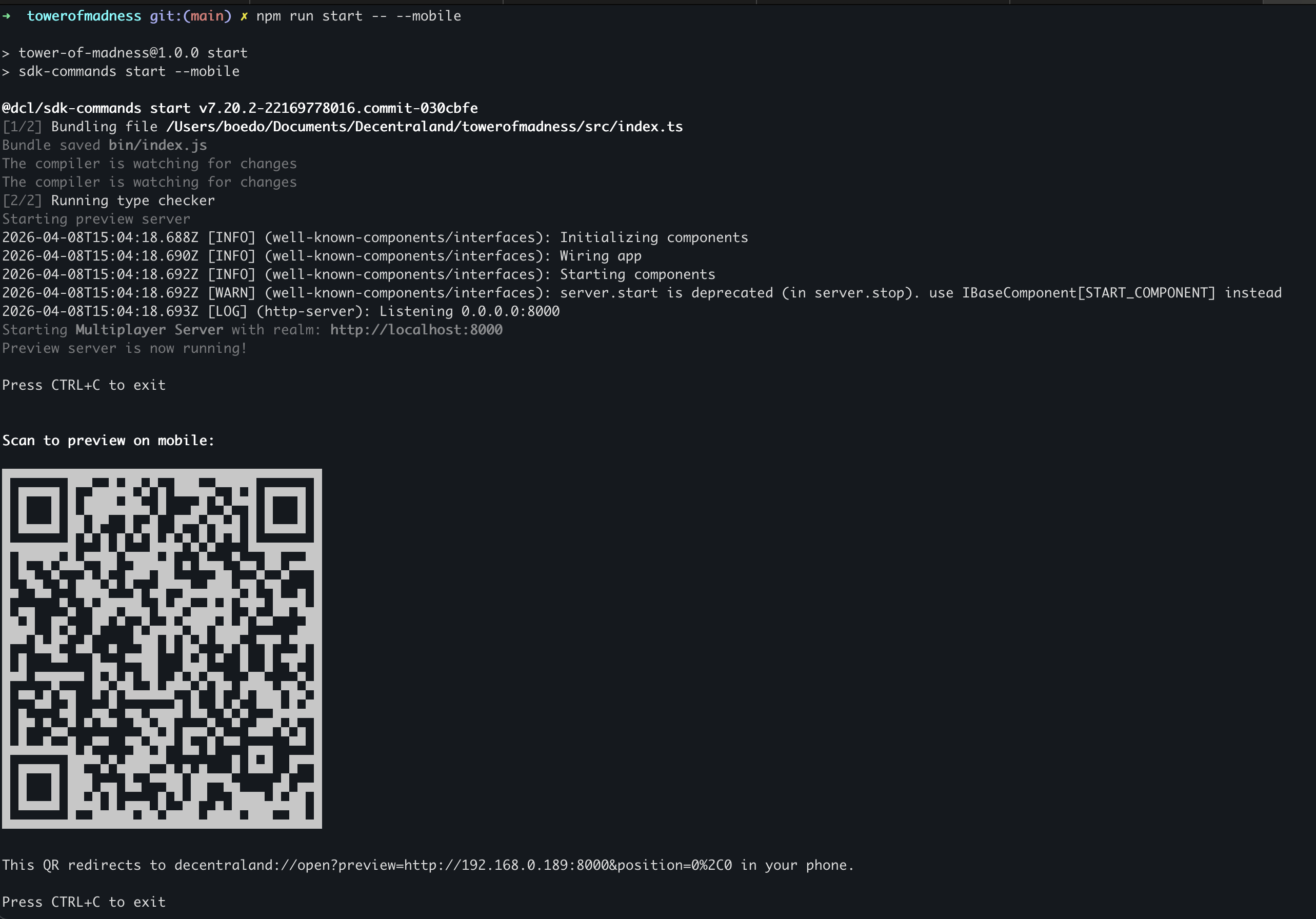 QR code printed by the Decentraland CLI for mobile preview