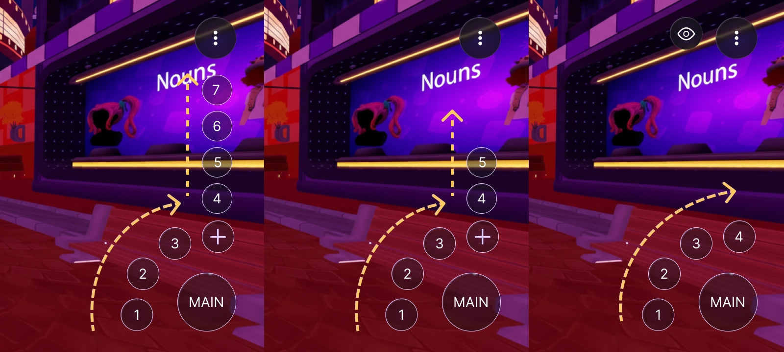 Three HUDs showing the gamepad reflowing as the number of visible buttons changes